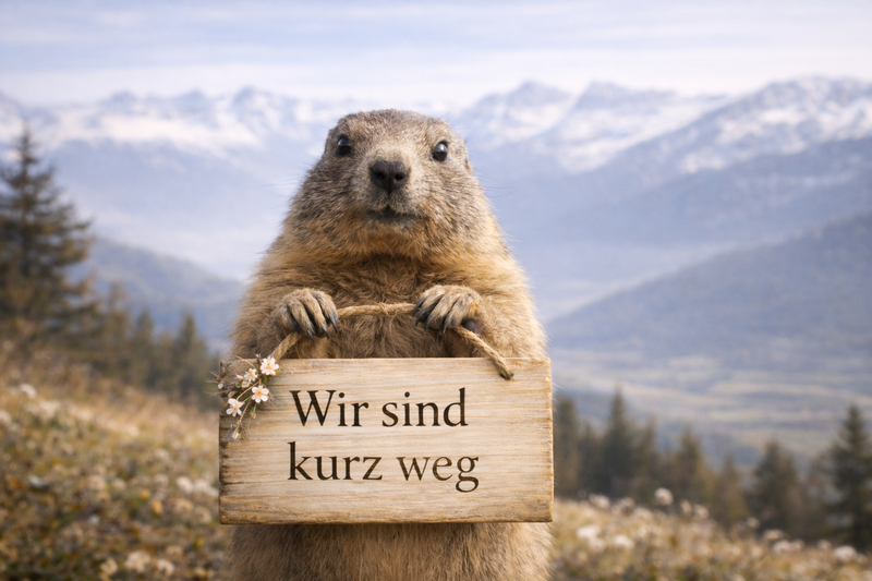 Ein tiroler Murmeltier hält ein Schild mit der Info hoch, dass das Apart Elisabeth bis 05.02.2026 auf Betriebsurlaub ist